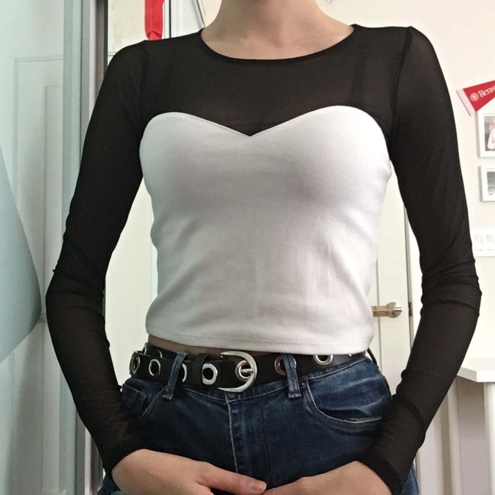 Long Sleeve Black and White Mesh Top
